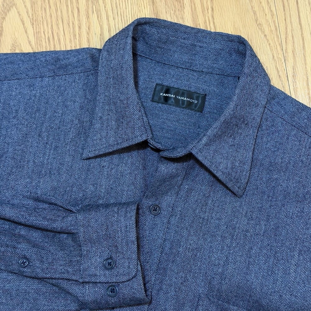 Kansai Yamamoto Wool Flannel Shirt Blue Herringbone Medium